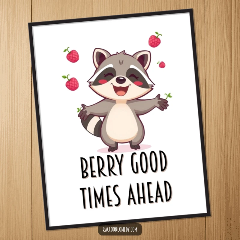 Funny Free Printable Wall Art: A raccoon joyfully juggles colorful berries, creating a vibrant, playful art piece.