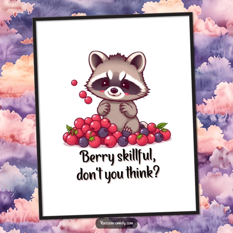 Funny Free Printable Wall Art: A small raccoon with tiny paws skillfully juggling a mound of glistening, colorful berries.
