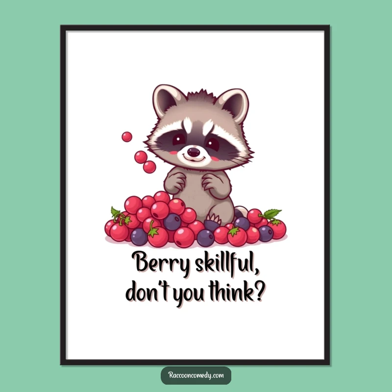 Free Printable Wall Art: Raccoon Berry Juggling Humorous Downloadable Decor