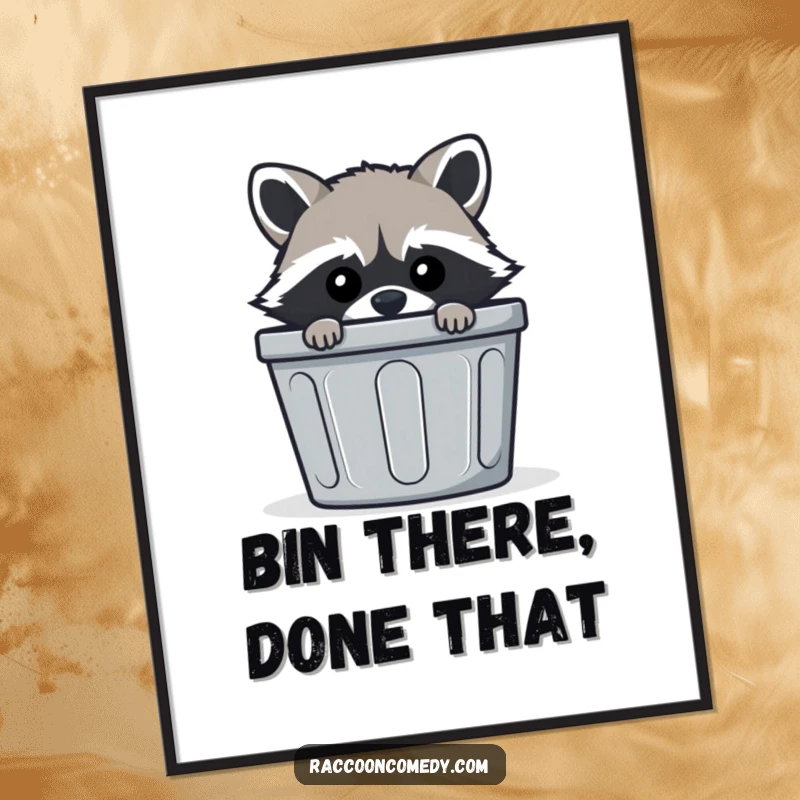 Funny Free Printable Wall Art: A raccoon peeking from behind a striped trash bin, with a mischievous and playful demeanor.