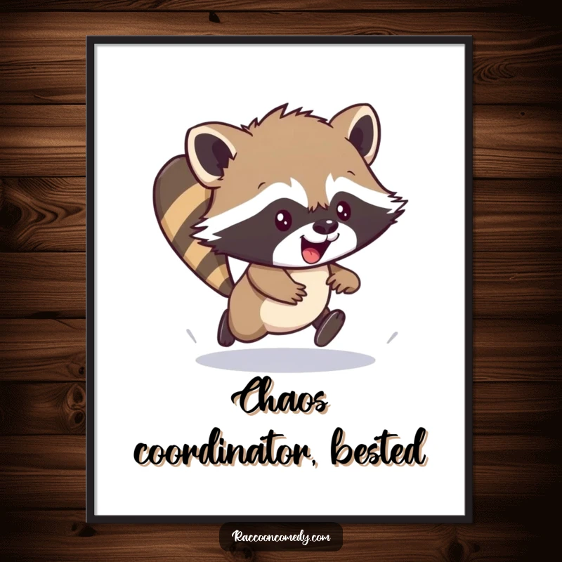 Funny Free Printable Wall Art: Energetic raccoon cub in a clumsy scamper, bringing joy with downloadable art.