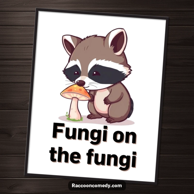 Funny Free Printable Wall Art: Curious raccoon staring in awe at a brightly glowing mushroom in a dark forest.
