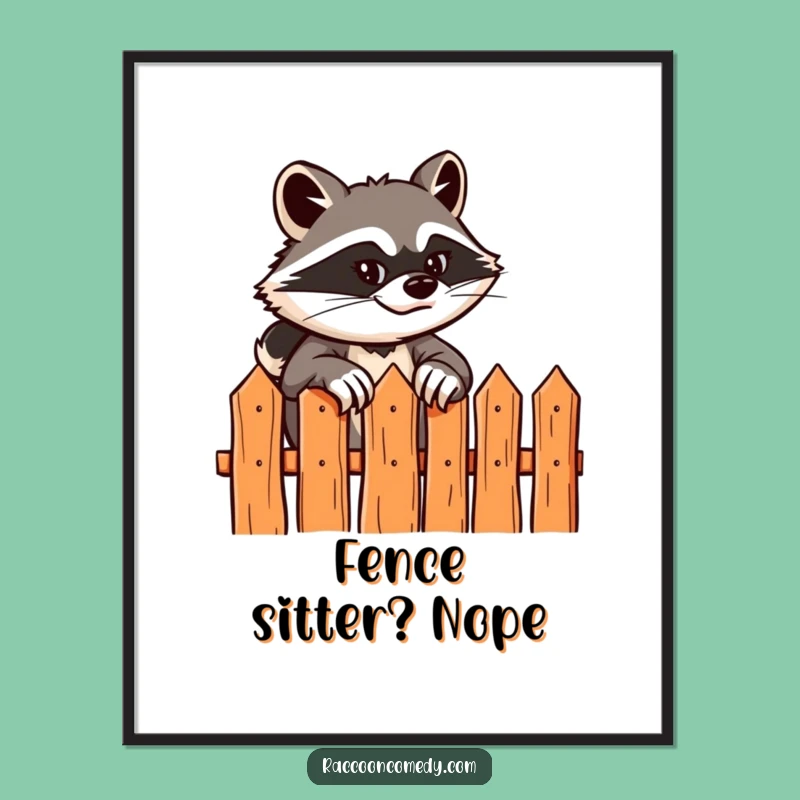 Funny Free Printable Wall Art: Sly Raccoon Climbing Fence, Humorous Downloadable Decor