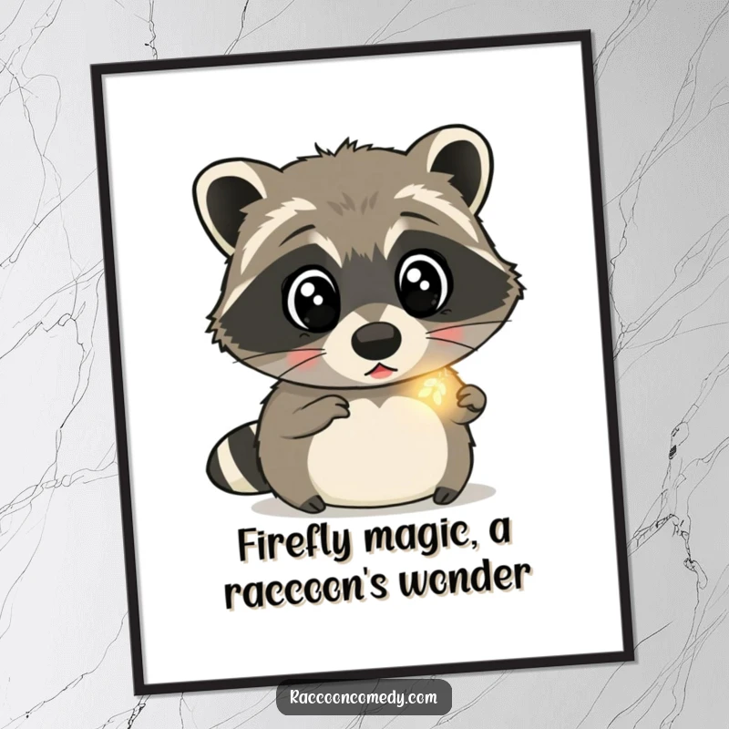 Funny Free Printable Wall Art: A raccoon with comically wide eyes mesmerized by a single, tiny, glowing firefly.