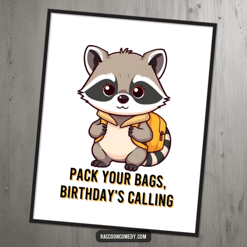 Funny Free Printable Wall Art: Kawaii raccoon with a small backpack, looking eagerly towards the horizon, ready for fun.