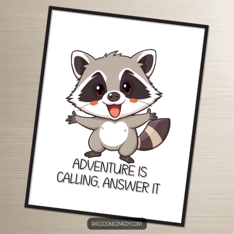 Funny Free Printable Wall Art: An excited raccoon poised for a sneaky adventure, ready to explore, downloadable.