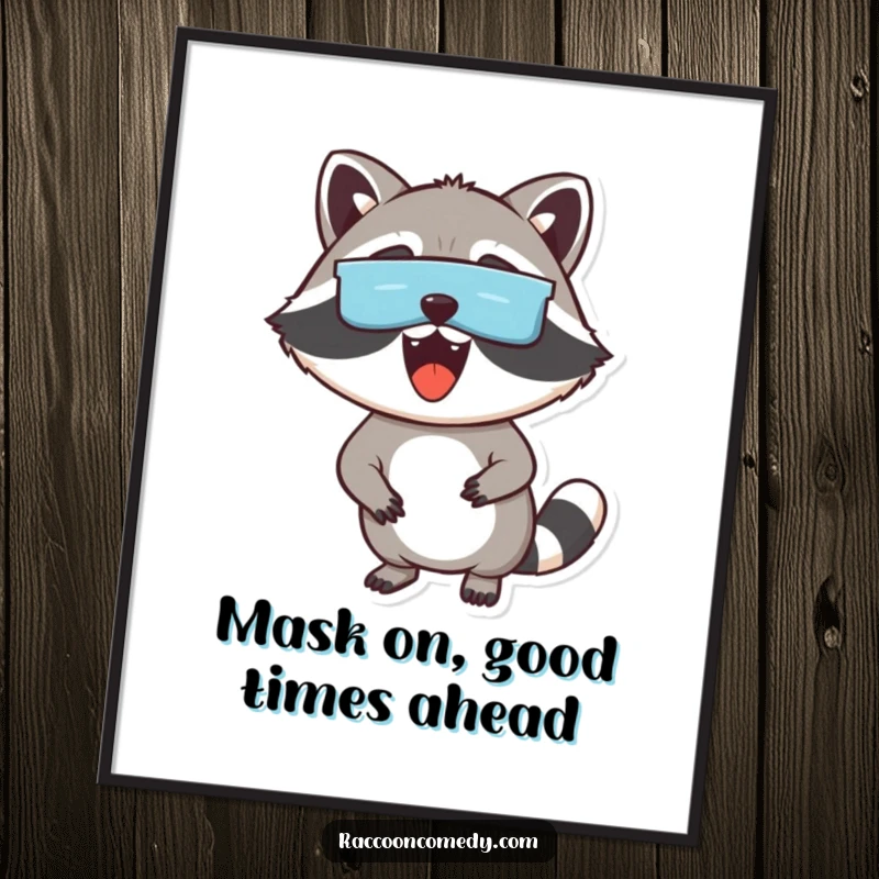 Funny Free Printable Wall Art: An excited masked raccoon peeking out with bright, curious eyes.