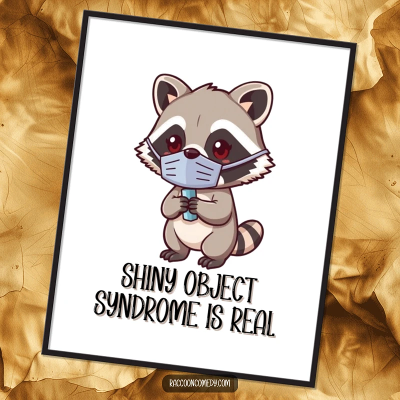 Funny Free Printable Wall Art: A kawaii raccoon in a tiny mask holds a sparkling shiny object, looking mischievous.