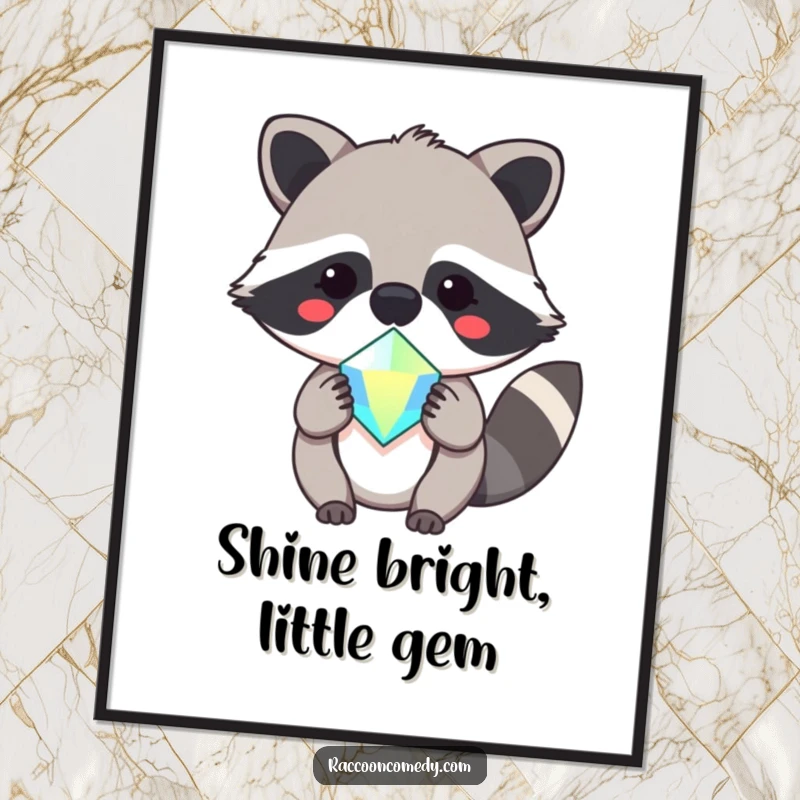 Funny Free Printable Wall Art: Kawaii raccoon gleefully offers a large, sparkly gem, exuding cuteness, downloadable.
