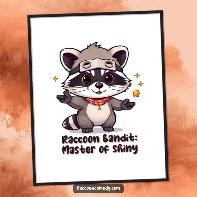 Funny Free Printable Wall Art: Kawaii raccoon in bandit mask playfully juggling shiny objects, whimsical DIY decor.