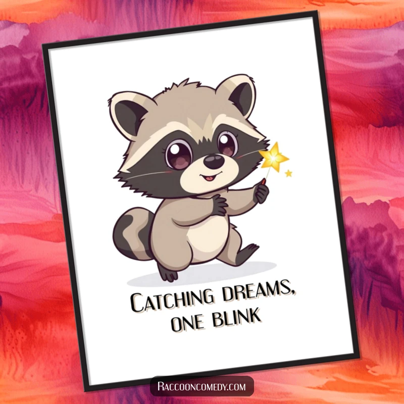Funny Free Printable Wall Art: A curious raccoon with large eyes playfully chasing a bright, sparkling firefly in the dark.
