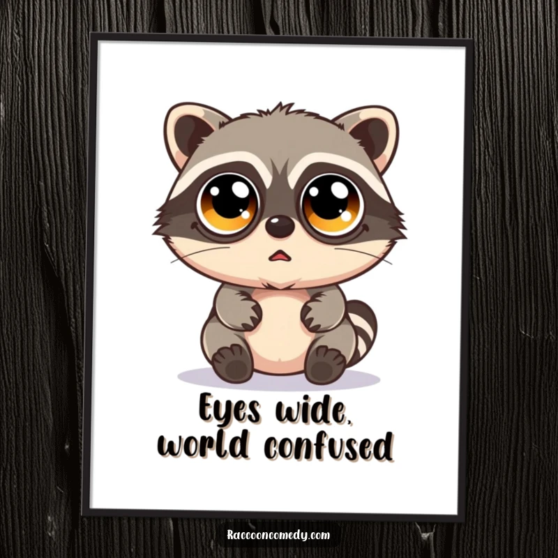 Funny Free Printable Wall Art: Kawaii raccoon wearing oversized googly eyes, looking hilariously bewildered.