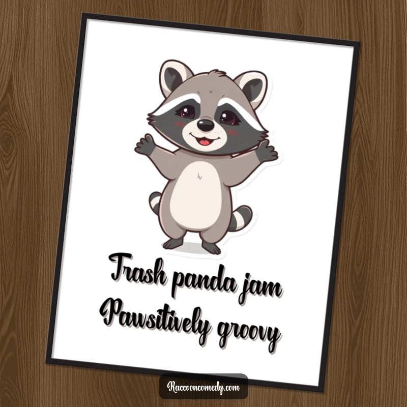 Funny free printable wall art depicting a happy raccoon doing a lively dance with its paws joyfully raised, radiating infectious energy.