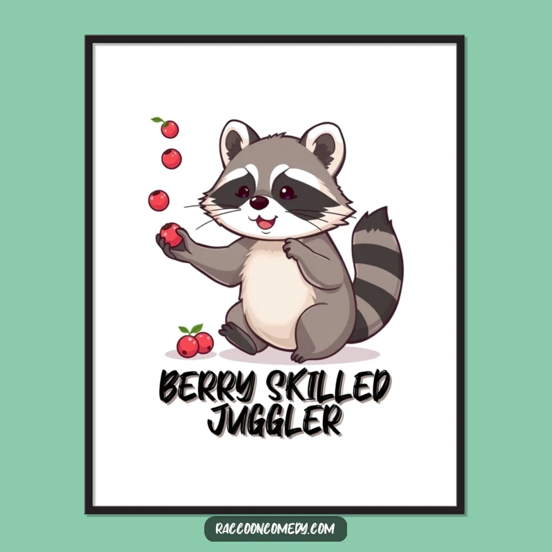 Funny Free Printable Wall Art: Juggling Raccoon with Berries, Humorous Downloadable Decor