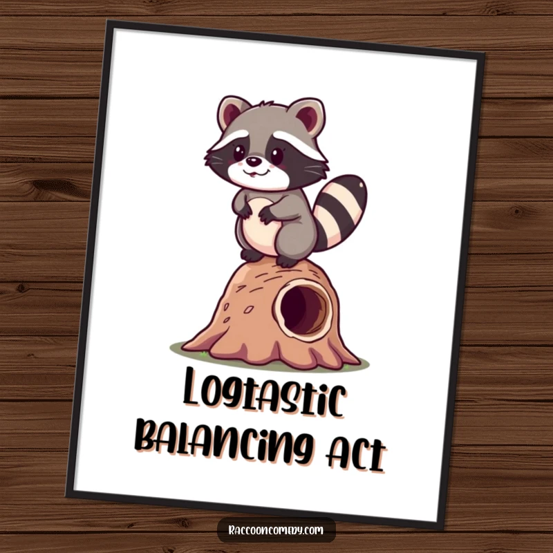 Funny Free Printable Wall Art: A kawaii raccoon wobbles joyfully while balancing on a hollow log.