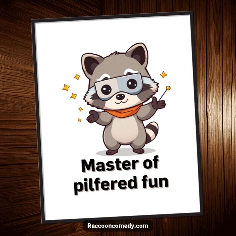 Funny Free Printable Wall Art: A kawaii raccoon wearing a bandit mask joyfully juggles shiny objects.