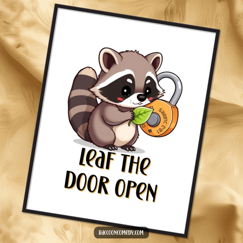 Funny Free Printable Wall Art: A kawaii raccoon attempts to unlock a whimsical lock with a green leaf.