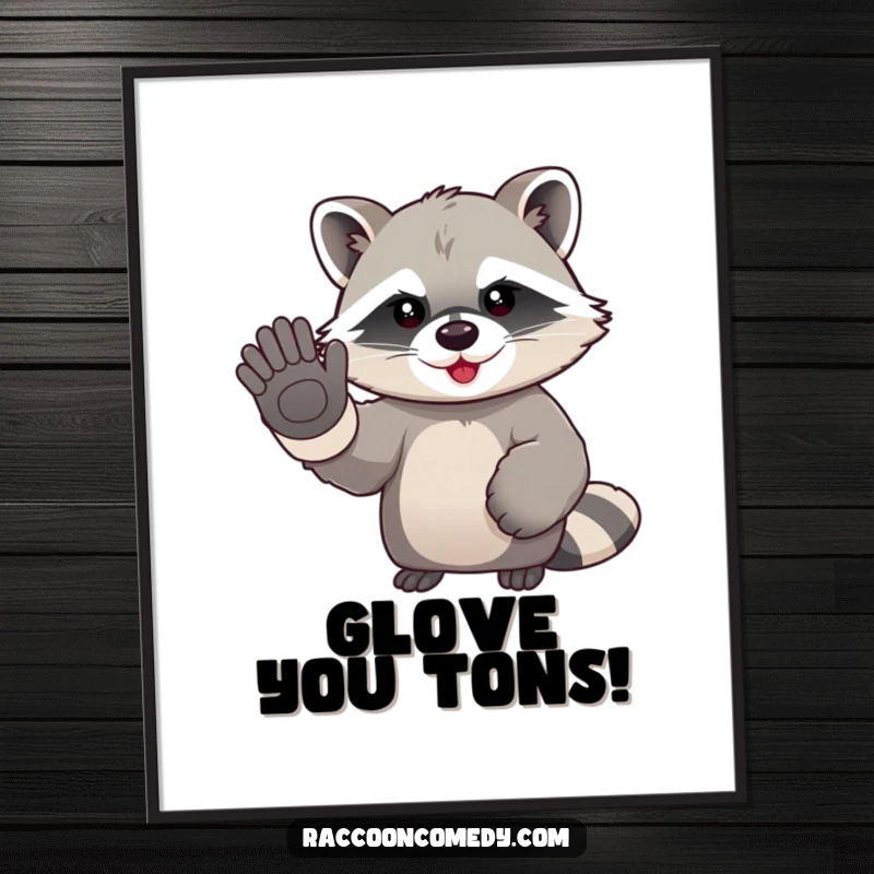 Funny Free Printable Wall Art: A kawaii raccoon wearing oversized gloves waves enthusiastically.