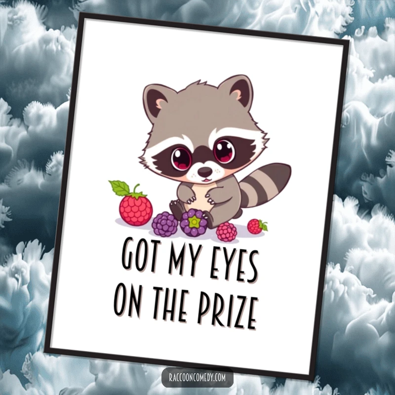 Funny Free Printable Wall Art: A cute raccoon with wide eyes chases rolling berries with enthusiasm. Whimsical downloadable decor.