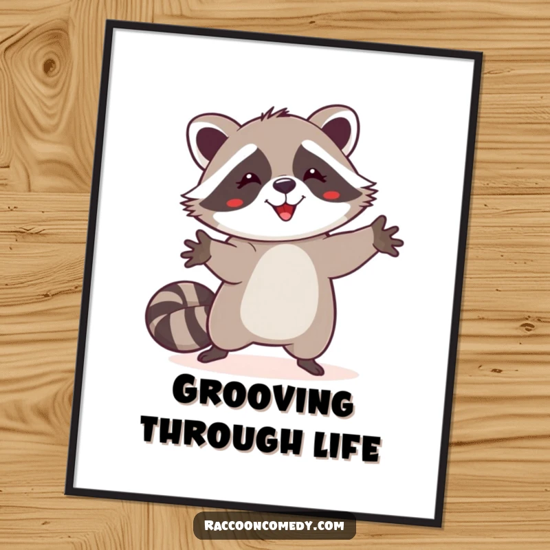 Funny Free Printable Wall Art: A raccoon doing a happy, silly dance with its front paws joyfully in the air.