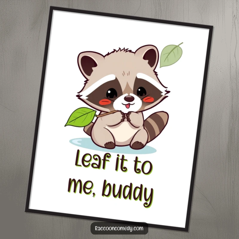 Cute Free Printable Wall Art: Kawaii raccoon playfully batting at a floating leaf, embodying gentle fun.