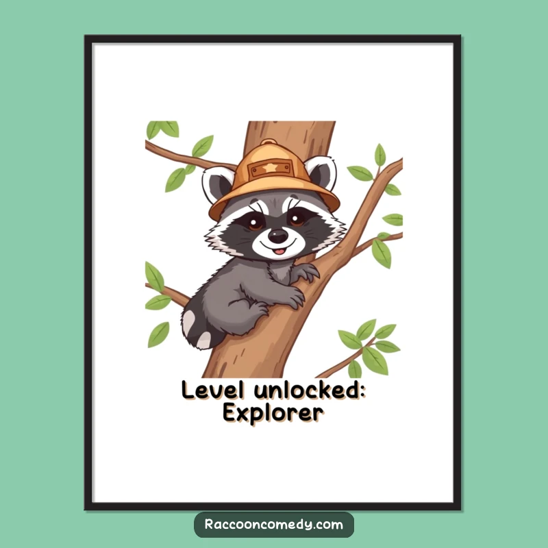 Free Printable Wall Art: Funny Raccoon Explorer Cub Climbing Tree - Downloadable Quirky Decor