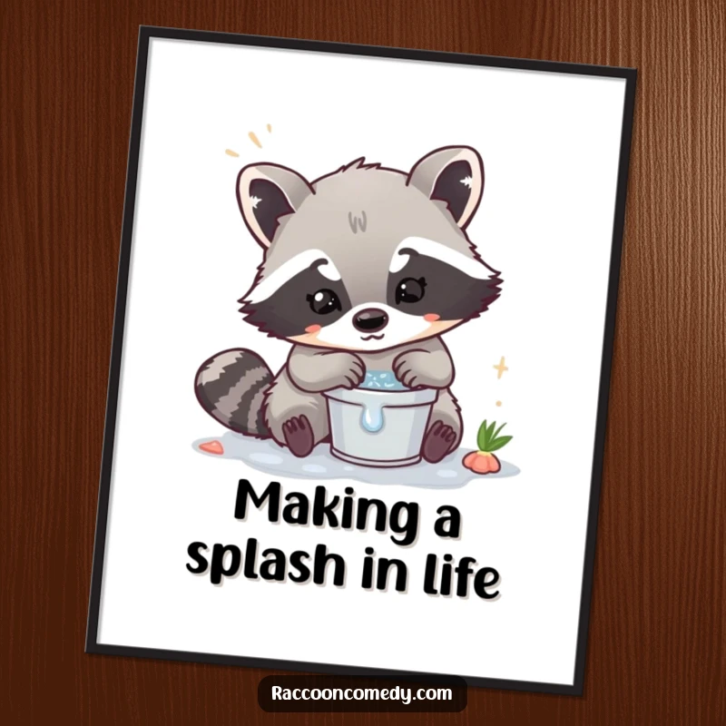Funny Free Printable Wall Art: A kawaii raccoon with a happy expression washes an item in a tiny bucket.