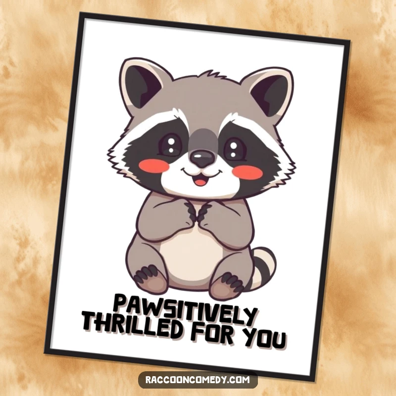 Funny Free Printable Wall Art: Adorable raccoon with paws clutched, looking utterly delighted.