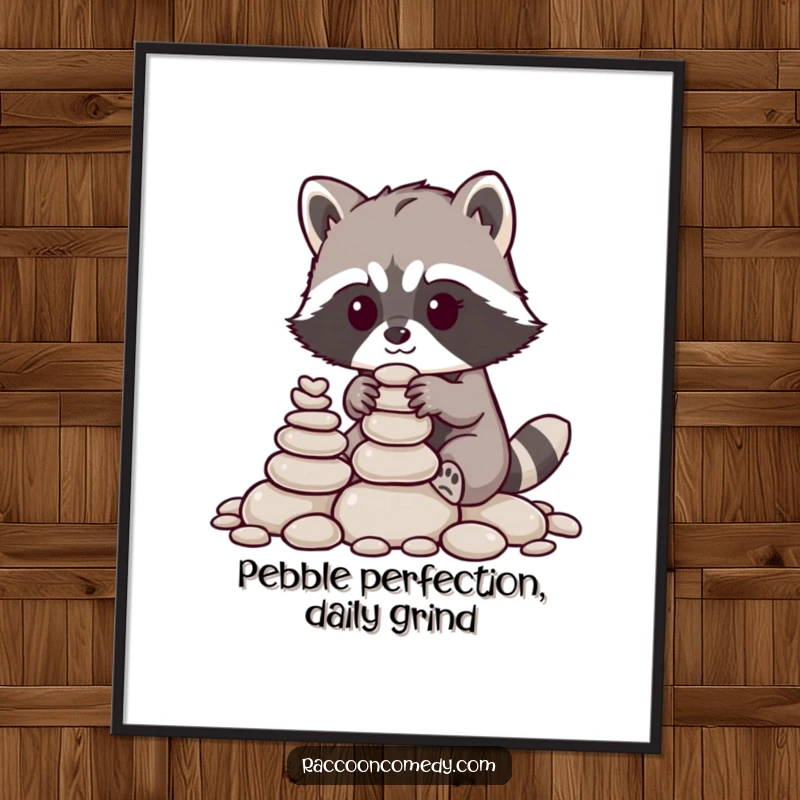 Funny Free Printable Wall Art: A small raccoon is focused on stacking pebbles, creating unique wall art.