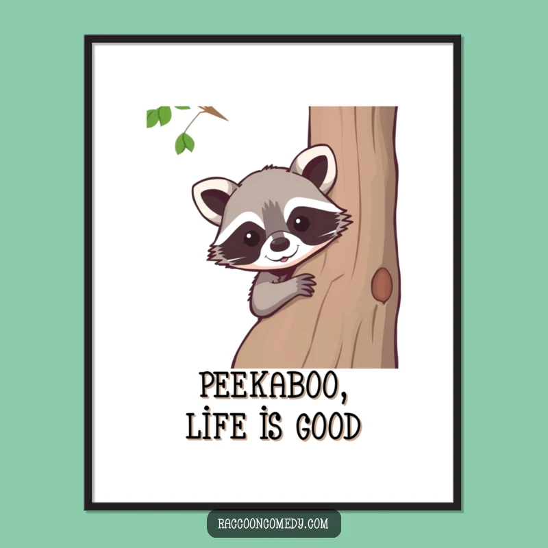 Funny Free Printable Wall Art: Curious Raccoon Behind Tree, Whimsical Downloadable Decor