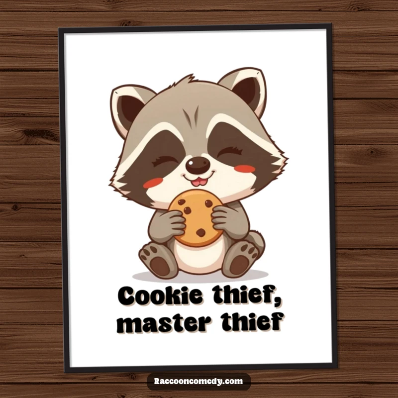 Funny Free Printable Wall Art: A giggling raccoon with a huge grin is caught mid-cookie-steal, eyes sparkling with mischief.