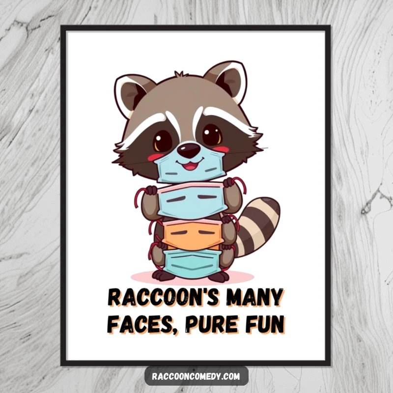 Funny Free Printable Wall Art: A cheerful raccoon skillfully balancing a tall stack of vibrant, colorful party masks.