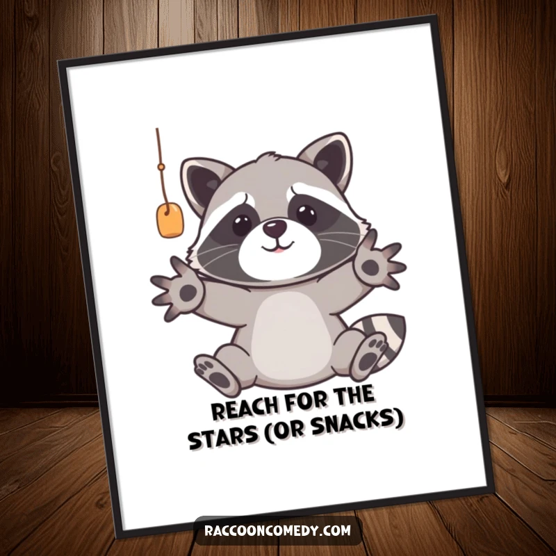 Funny Free Printable Wall Art: A determined racoon with outstretched paws reaching for a dangling prize, symbolizing ambition and humor.