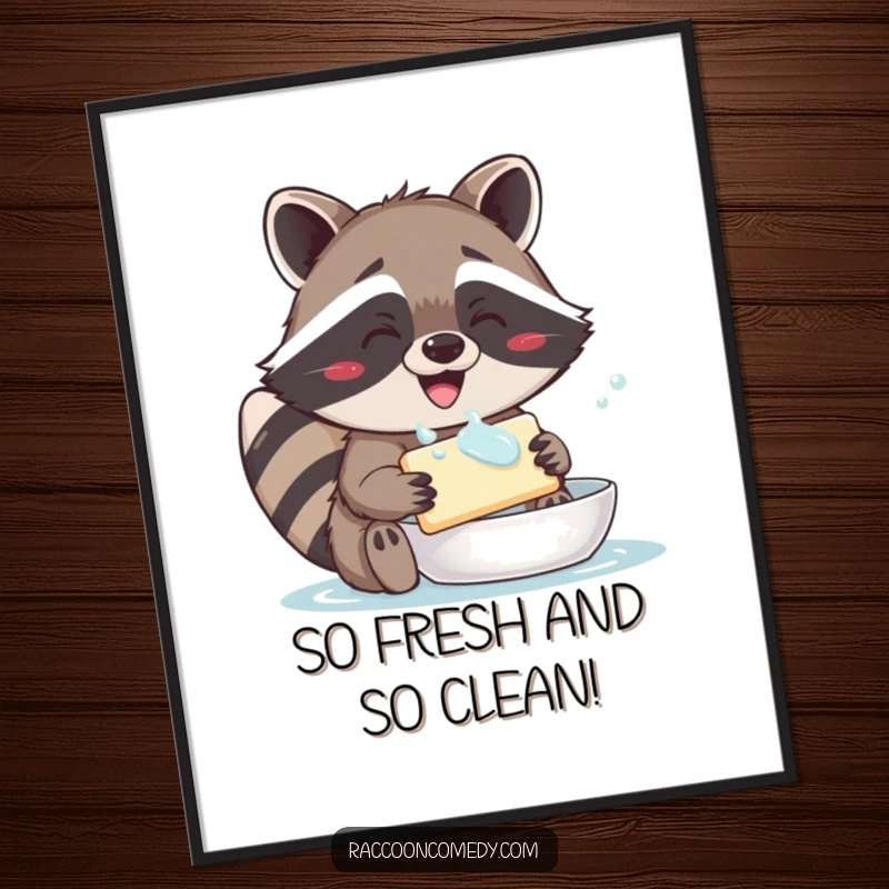 Funny Free Printable Raccoon Wall Art: Delighted raccoon with a wide grin washing a bar of soap, humorous decor.