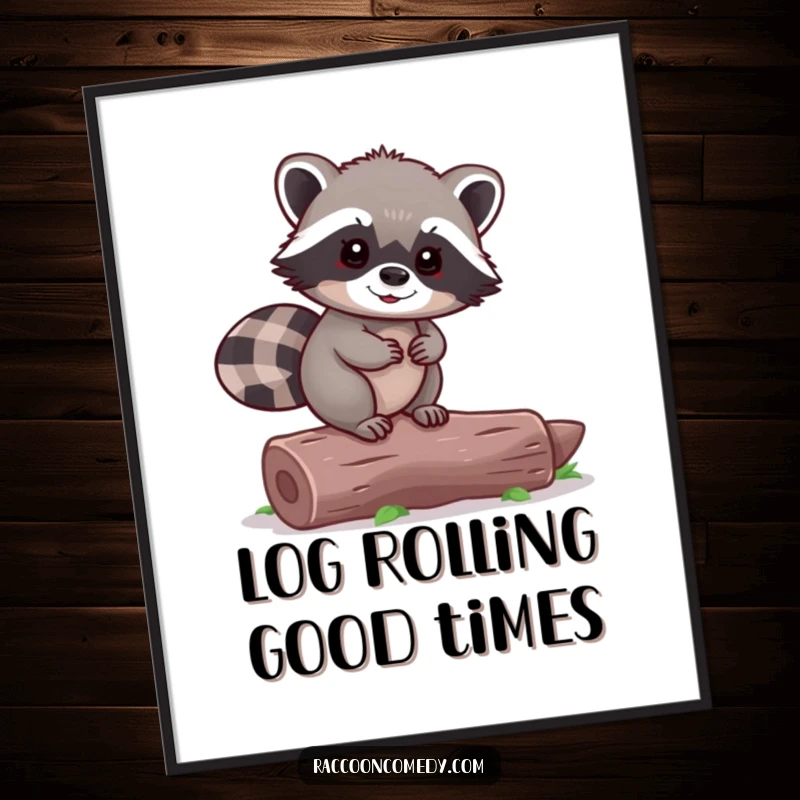 Funny Free Printable Wall Art: Tiny happy raccoon skillfully balancing on a fallen log, looking proud and cheerful.