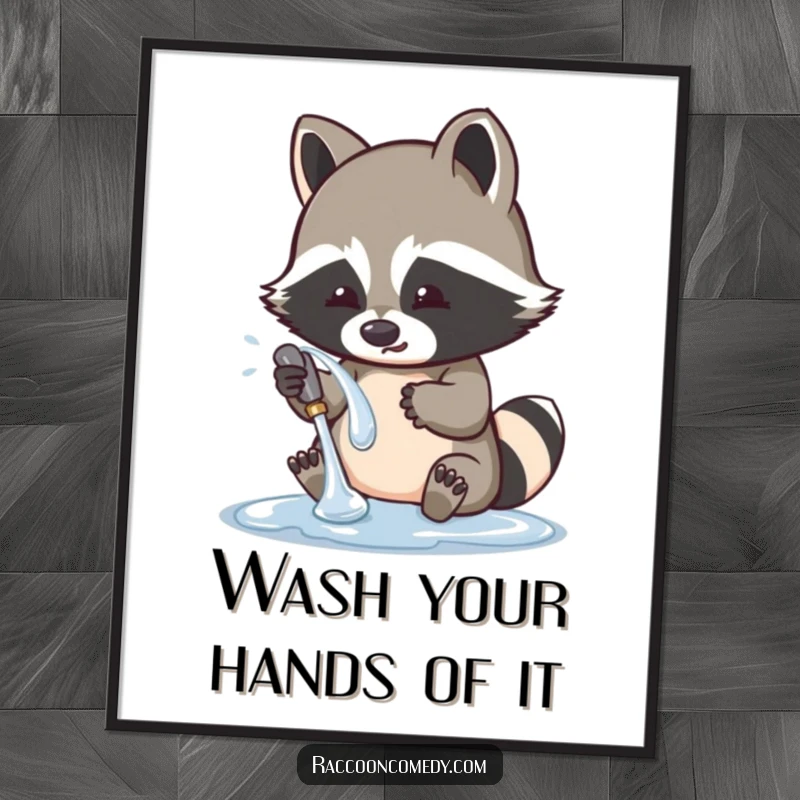 Funny Free Printable Wall Art: A cute raccoon with bright eyes, diligently washing a highly polished, reflective object with a look of pure joy.