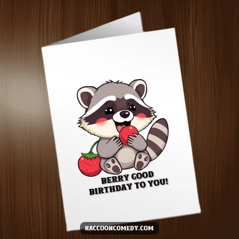 Funny Free Printable Birthday Card: Content raccoon joyfully devours a giant berry, expressing pure delight.