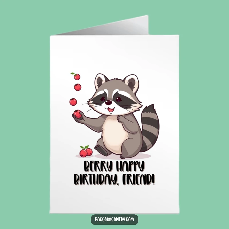 Free Printable Birthday Card: Playful Raccoon Juggling Berries, Fun Downloadable Gift Surprise
