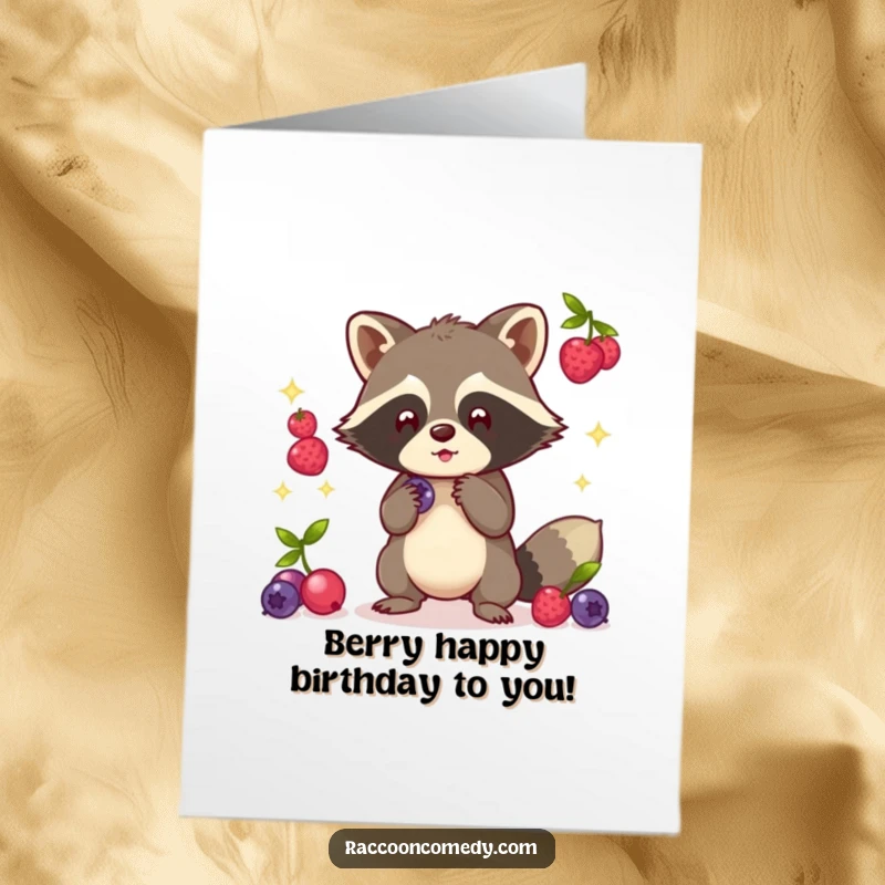 Funny Free Printable Birthday Card: A skilled kawaii raccoon juggles bright glowing berries with impressive dexterity.