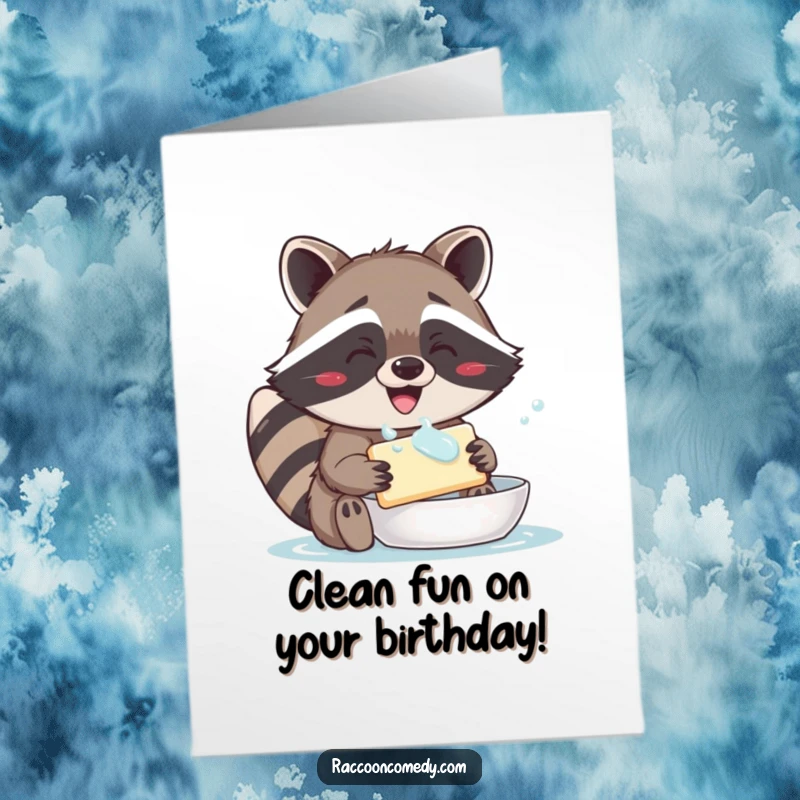 Funny Free Printable Raccoon Birthday Card: Delighted raccoon joyfully washing soap, perfect for a hilarious DIY greeting.