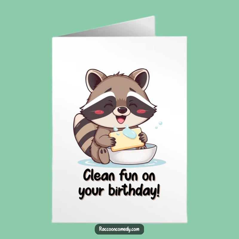 Free Printable Raccoon Birthday Card: Funny Soap Washing Graphic for a Delighted Downloadable Gift