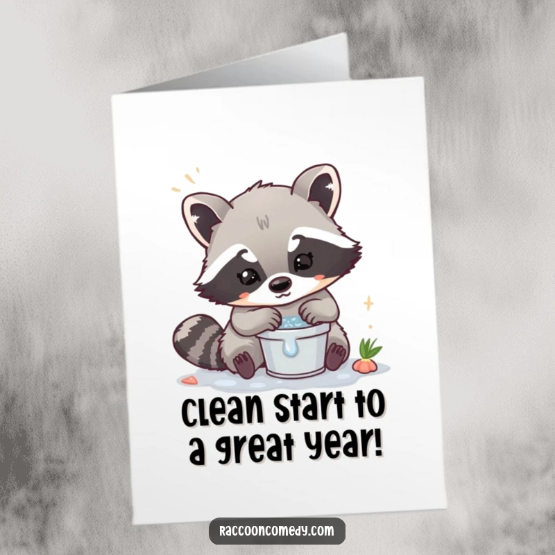 Funny Free Printable Birthday Card: A kawaii raccoon happily scrubs something clean in a tiny bucket with suds.