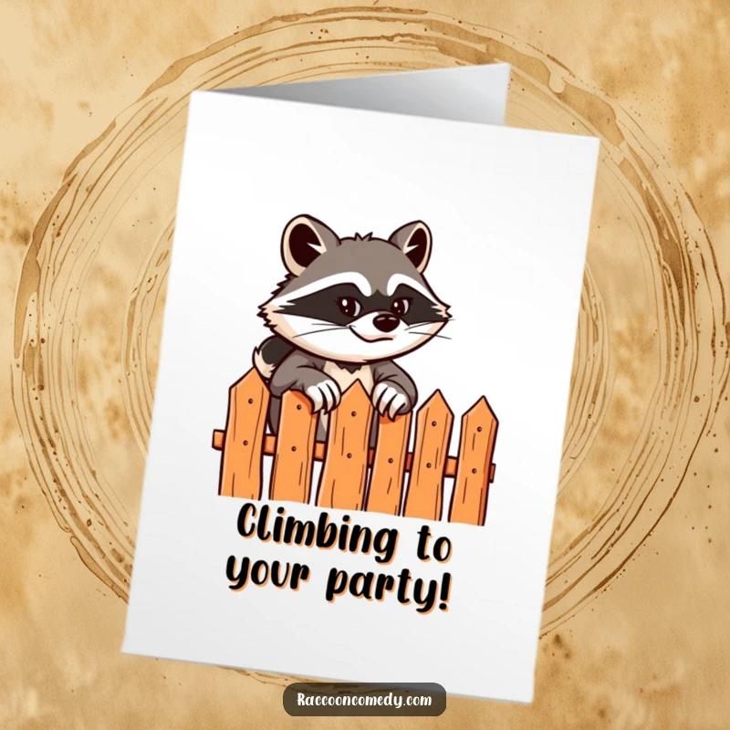 Funny Free Printable Birthday Card: Raccoon with a sly grin scaling a stylized wooden fence.