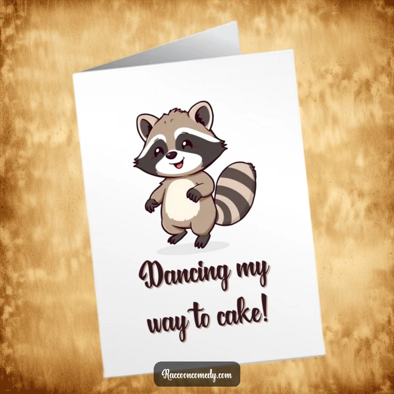 Funny Free Printable Birthday Card: Happy raccoon with a fluffy tail enthusiastically doing a little dance.