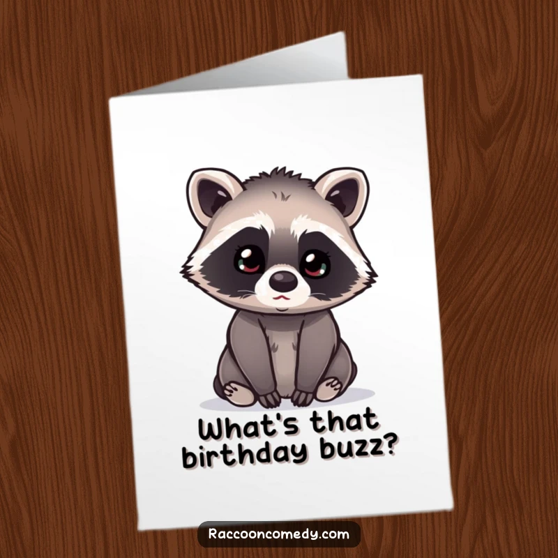 Funny free printable birthday card: Kawaii raccoon tilts head curiously, ears perked, appearing to listen to secrets.