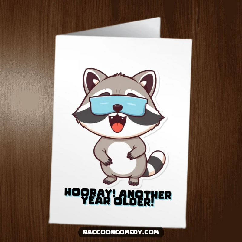 Funny Free Printable Birthday Card: Excited raccoon with its signature mask, curiously peeking out.