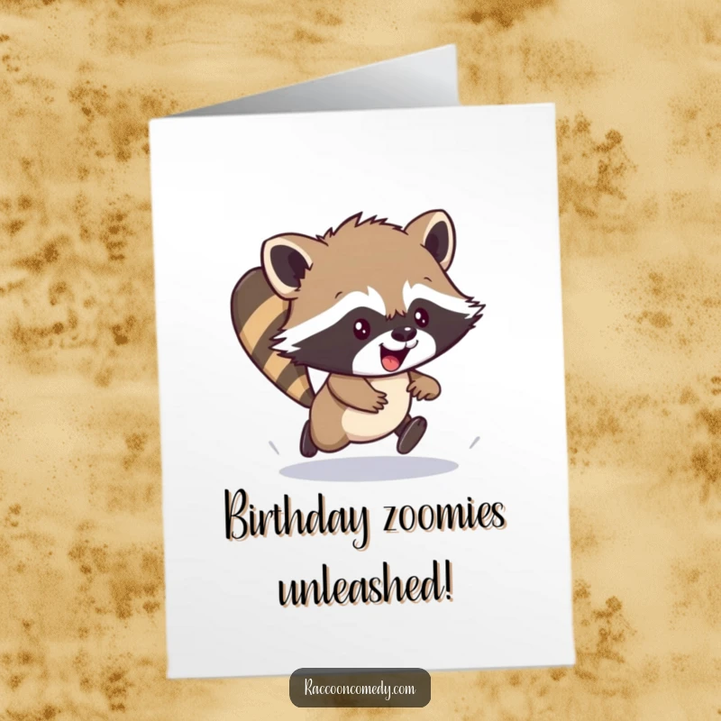 Funny Free Printable Birthday Card: Excited raccoon cub hilariously scampers, perfect for a fun downloadable gift.
