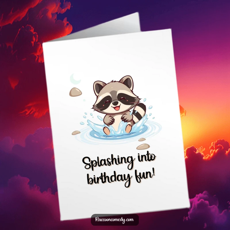 Funny free printable birthday card: Kawaii raccoon gleefully splashing water in a stream, surrounded by ripples and happy spray.