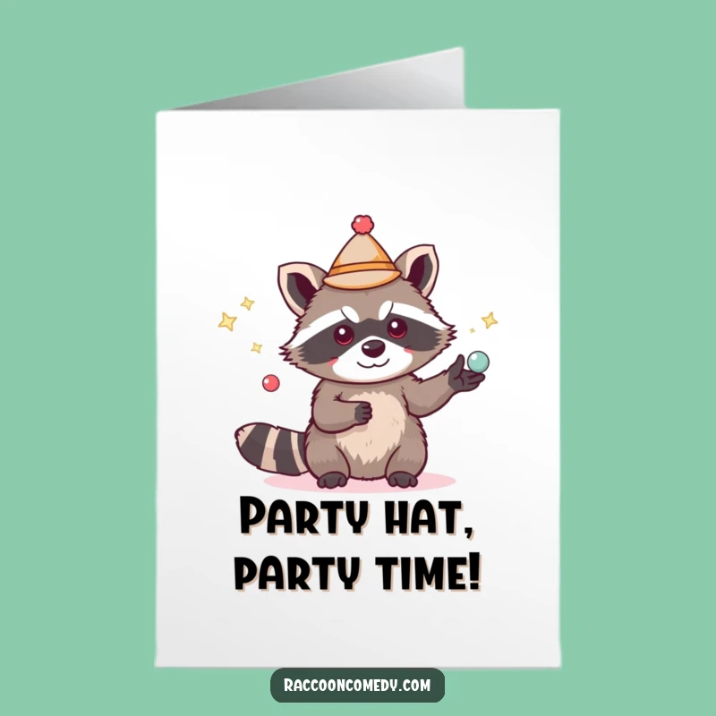 Free Printable Birthday Card: Juggling Raccoon Funny Hat Downloadable Gift