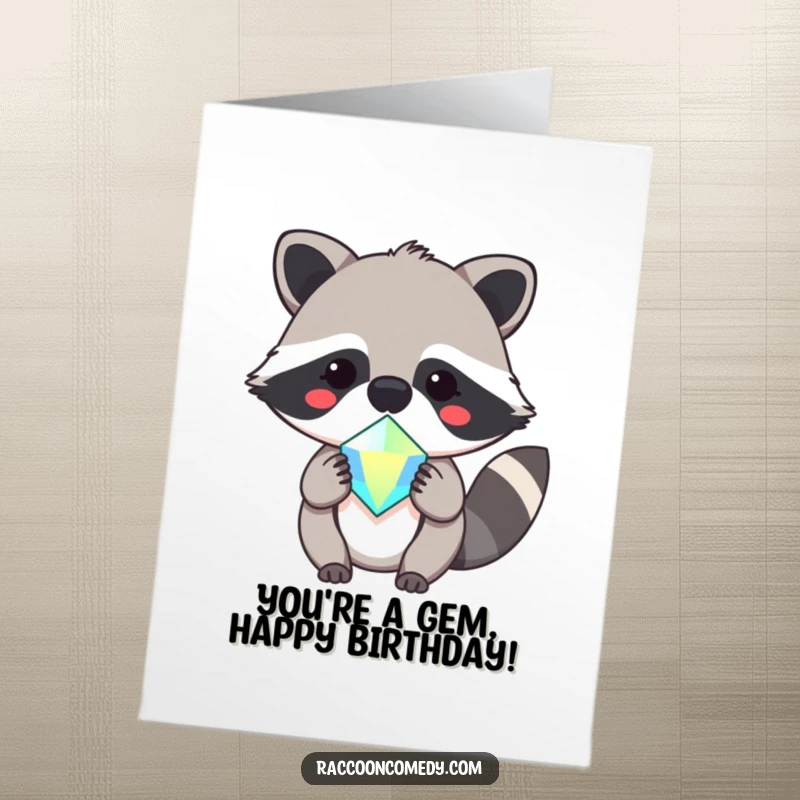 Funny Free Printable Birthday Card: Kawaii raccoon happily offers a dazzling sparkly gem, cute and cheerful, downloadable.